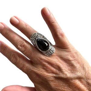 Boho Tribal Silver Ring with Black Stone